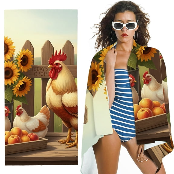 RKSupls Rooster Sunflowers  Quick Dry Sand-Free Large Pool  Beach Towel 
,  Ultra-Soft Microfiber for Bathroom, beach, Soft Super Absorbent- 30x60 in