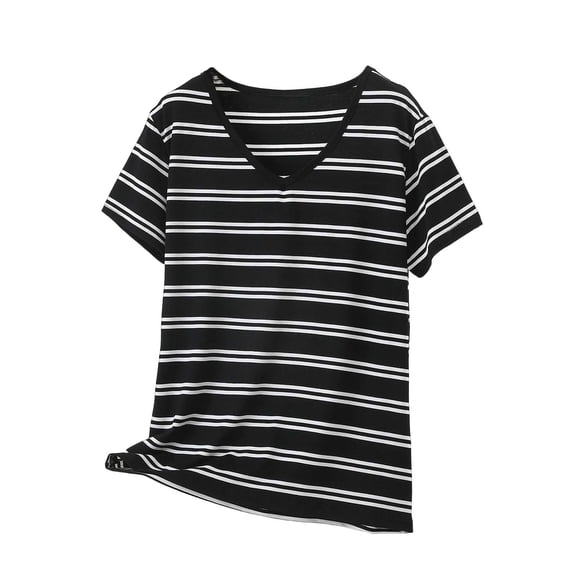 Sexlip Womens Short Sleeve Striped Crew Neck T Shirt V Neck Detail Breathable Fabric Relaxed Silhouette for Casual Hangouts Gray XXL