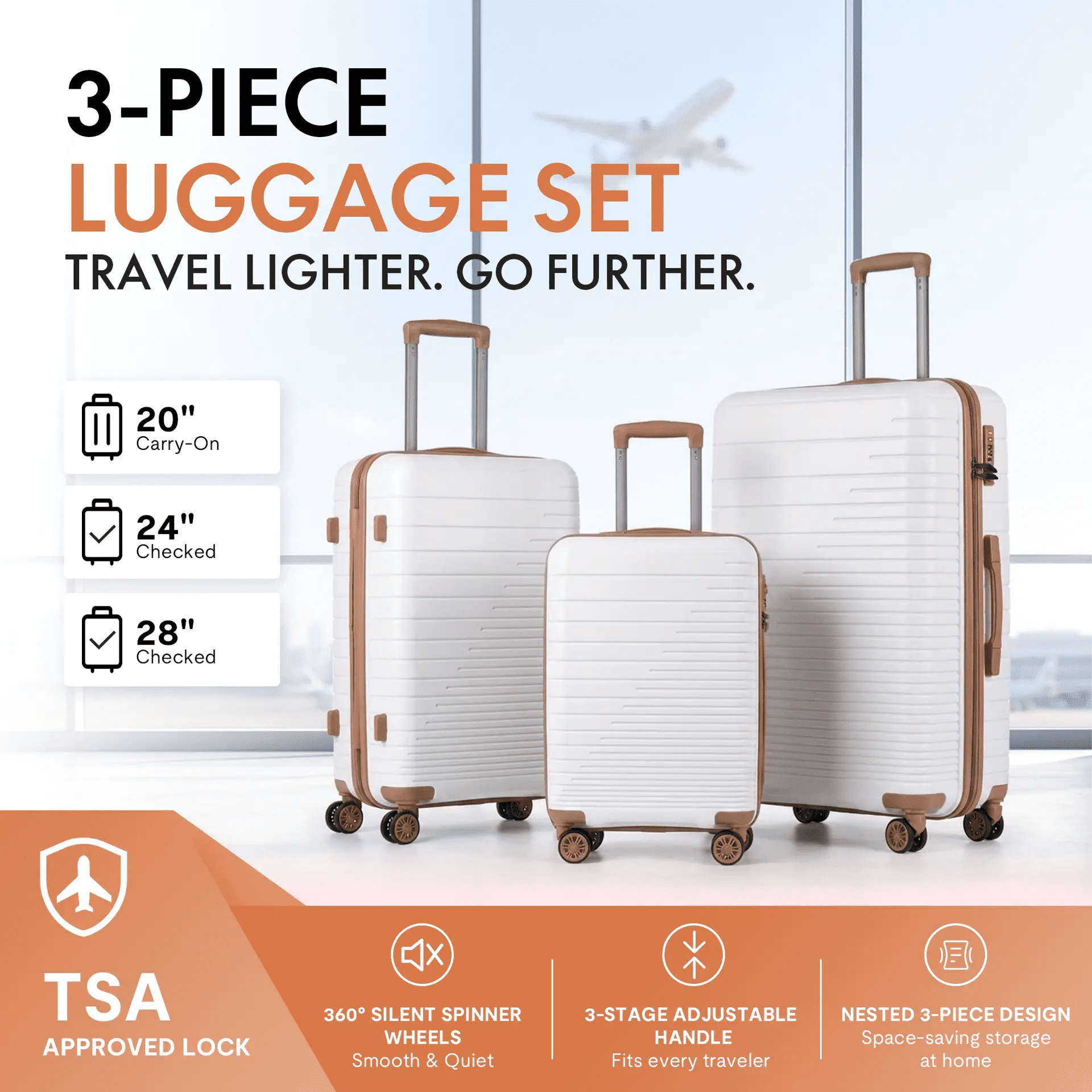 3-Piece PP Hardshell Luggage Set, Lightweight Scratch-Resistant Suitcases with TSA Lock, 4 Silent Spinner Wheels, 20"/24"/28", White