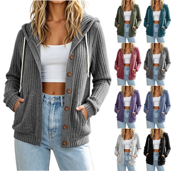 AnuYalue Button Up Hoodies for Women Lightweight Ribbed Long Sleeve Cardigan Sweater Jacket with Pockets