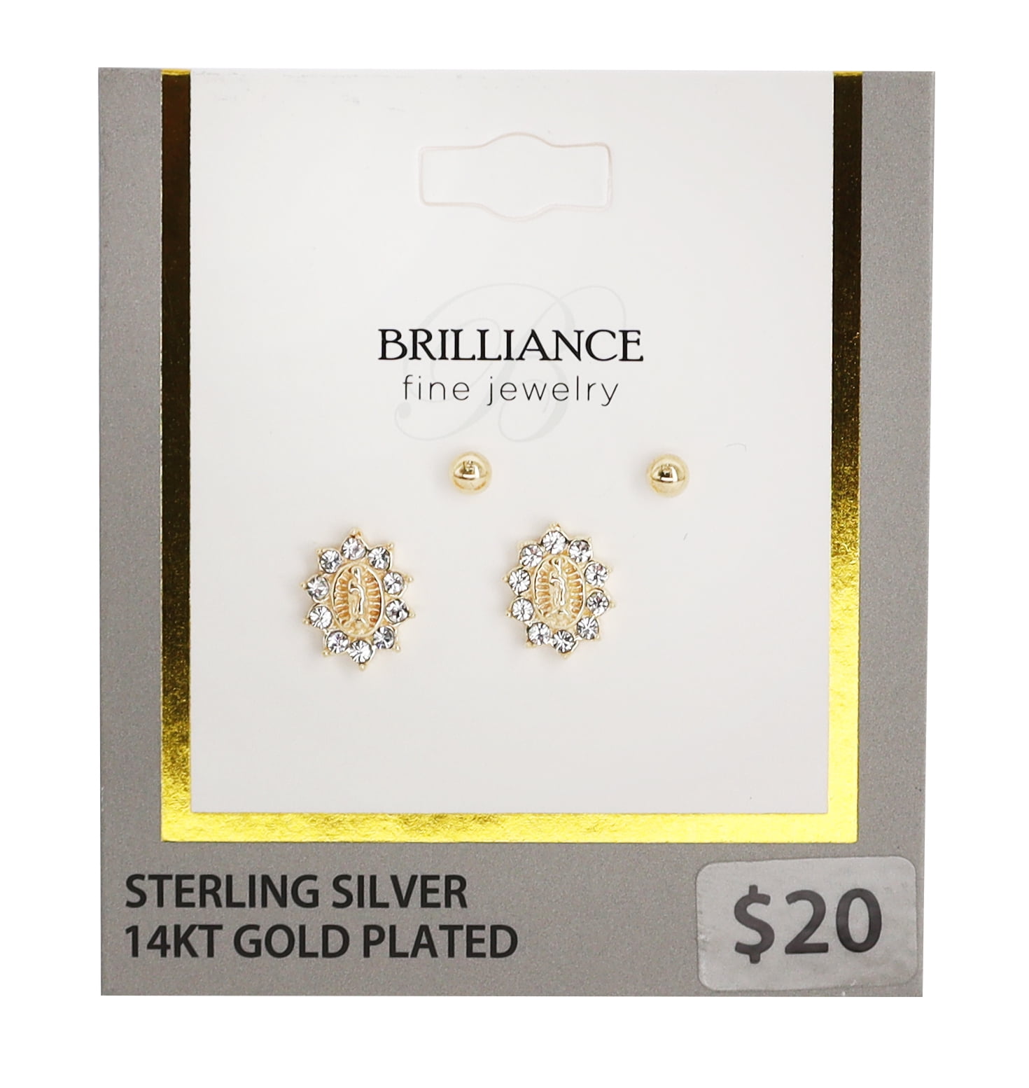 Brilliance Fine Jewelry 14K Gold Plated Sterling Silver Crystal Guadalupe & Ball Studs Children’s Earrings Set