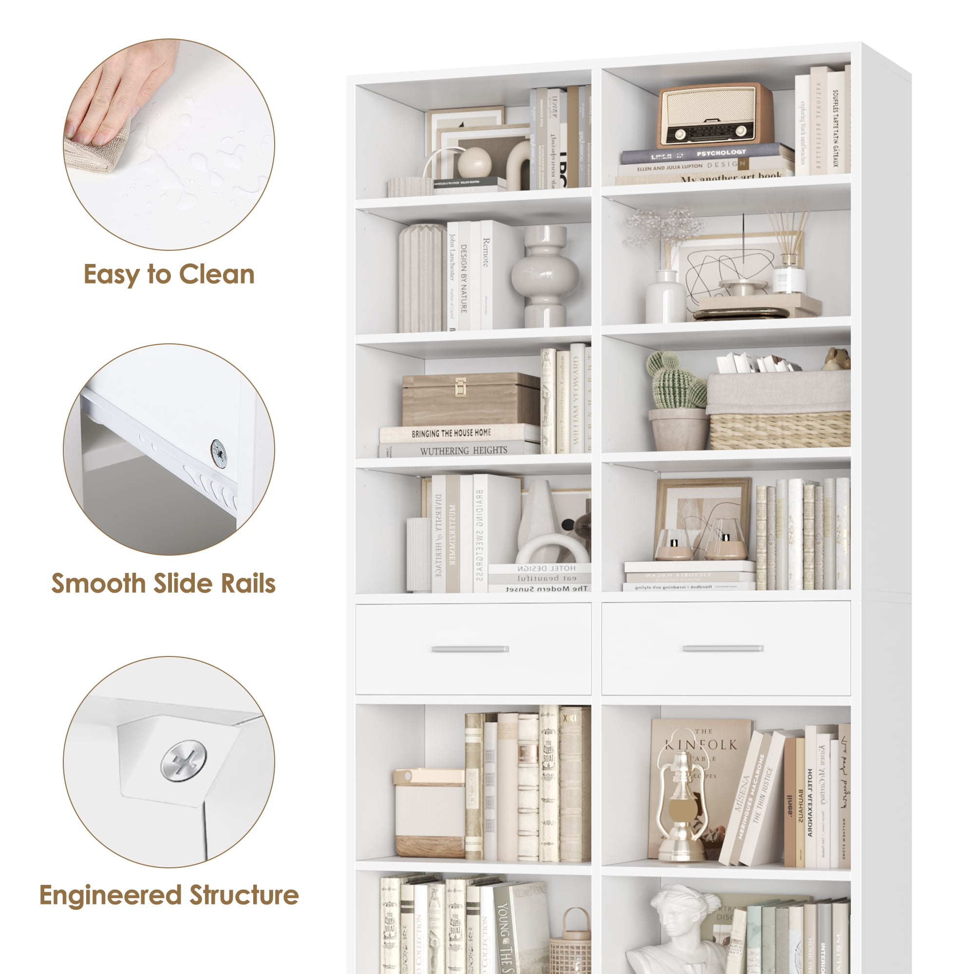 Homfa 7-Tier Bookcase with 2 Drawers, 72.8" H Double Wide Bookcase with 4 Adjustable Shelves for Study Office Living Room, White