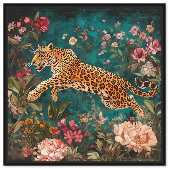 Tigris in a Floral Haven Canvas Chinoiserie Art by Art Remedy, Black Frame, 12" x 12"