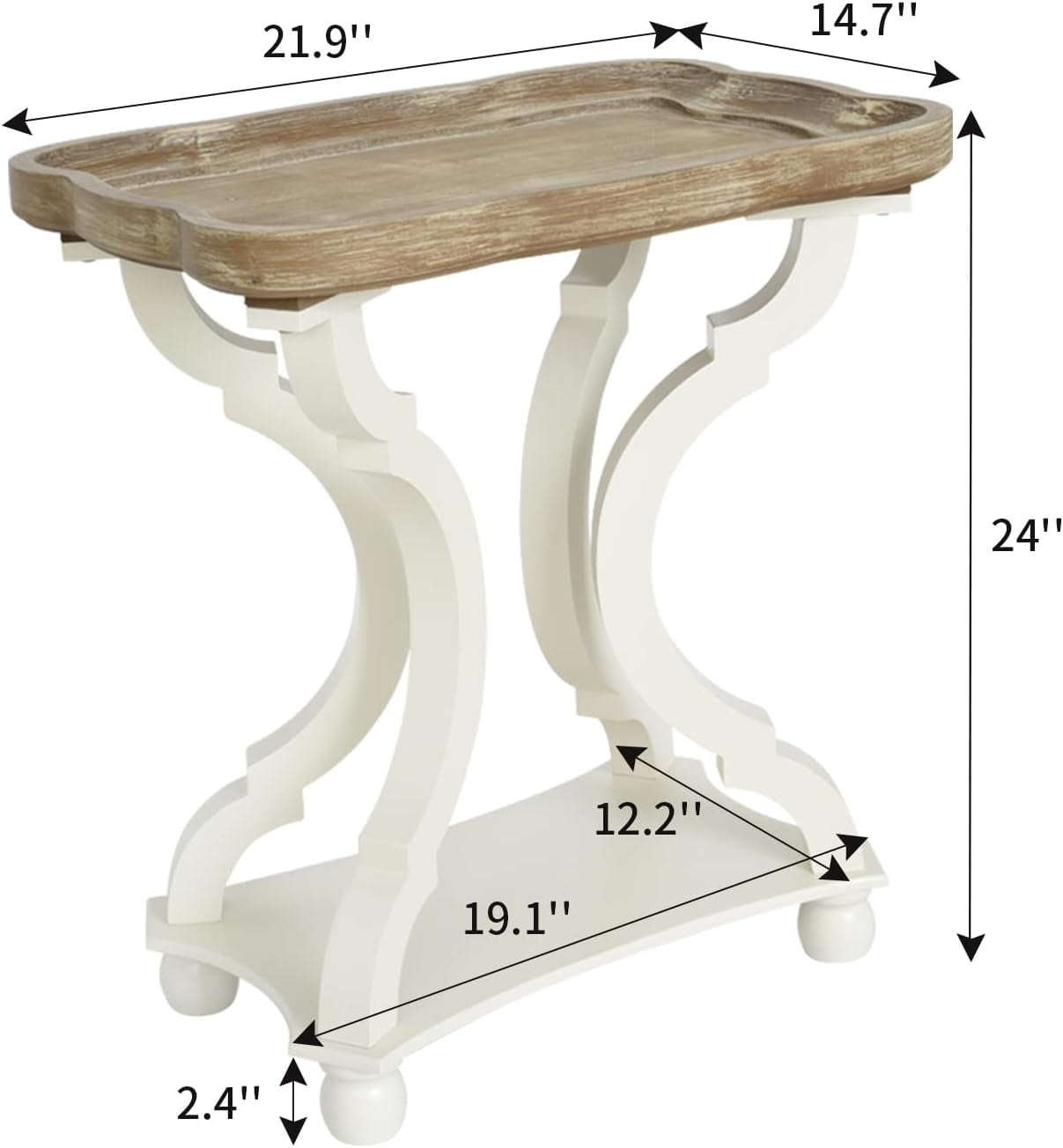 Kinbor Accent Wood Farmhouse End Table Side Tables Nightstand Natural Tray Top and Legs, White