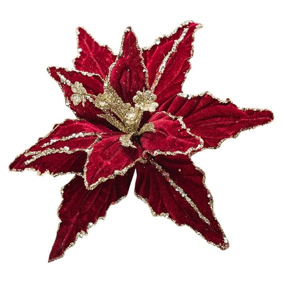 Large Glitter Christmas Flowers, Artificial Velvet Cloth Christmas Tree Flower Ornaments Fold Floral for Christmas New Year Party Wedding Decorations (Red)