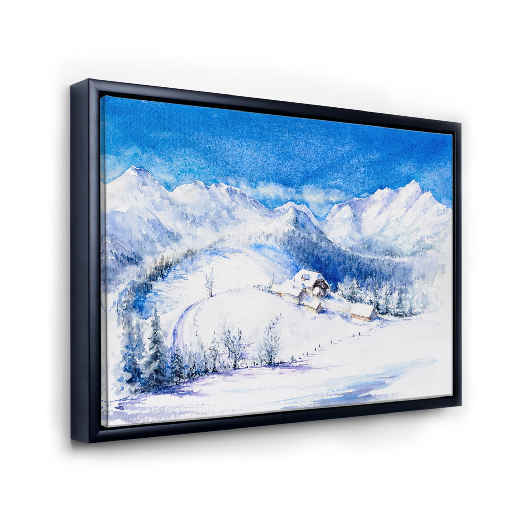 Designart 'Wooden House With Winter Mountain Landscape' Traditional Framed Canvas Wall Art Print