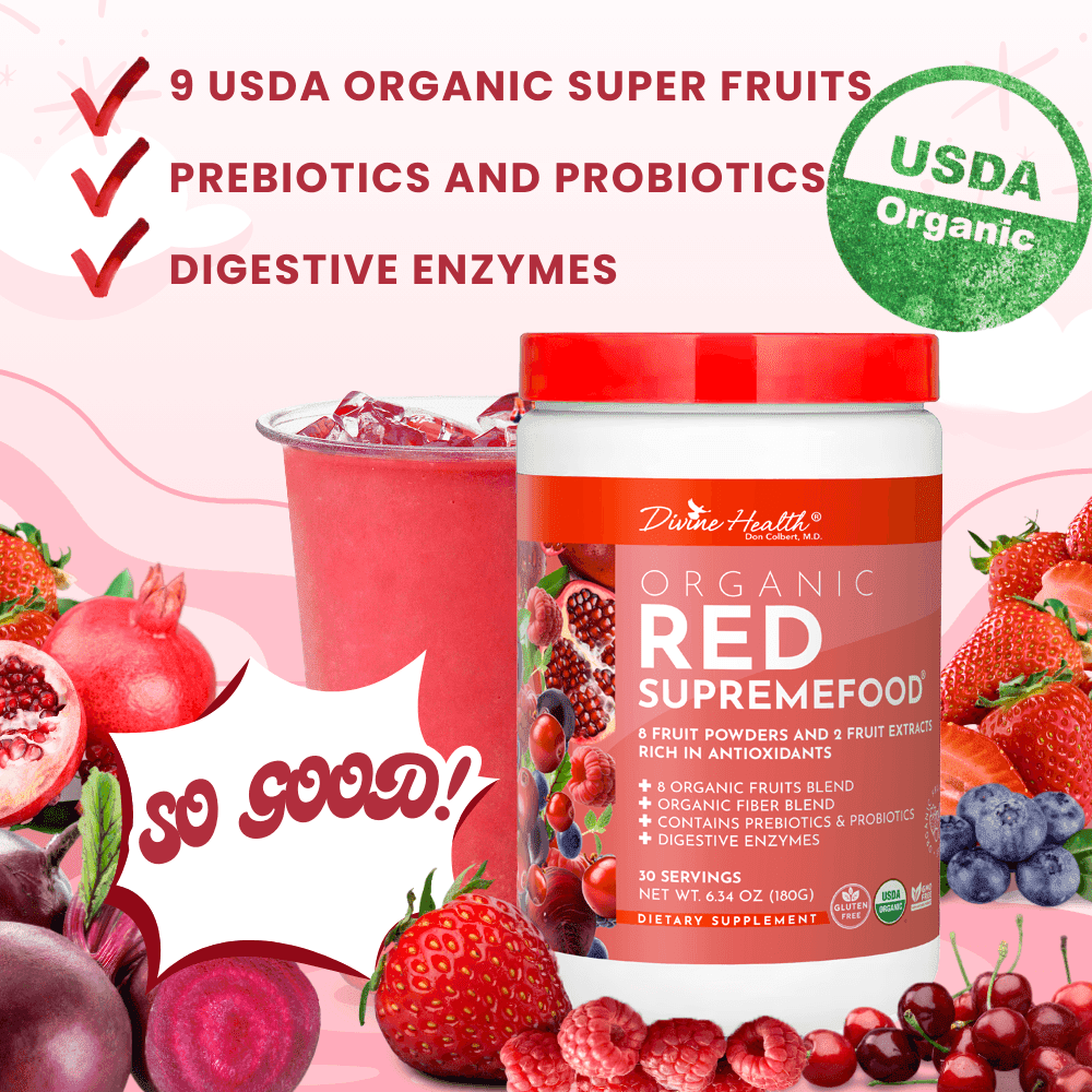 Dr. Colbert, MD Organic Red Supremefood | Berry Flavored Blend | by Divine Health | 10 Organic Fruits | Probiotics | Enzymes | Herbs | Fiber |  Antioxidants | Non-GMO | 30 Day Supply | 180g