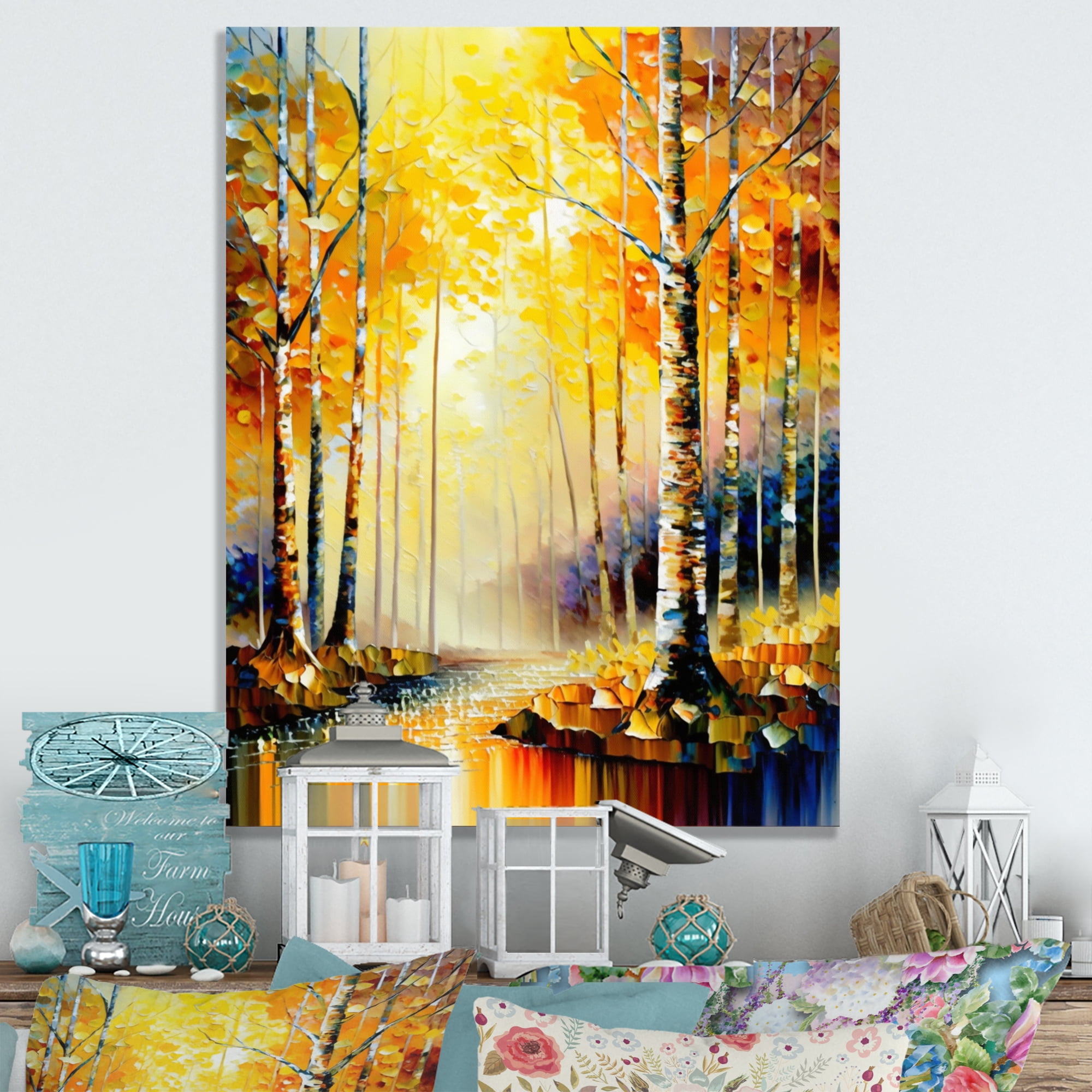 Designart River In Golden Birch Forest Canvas Wall Art