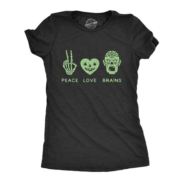 Womens Peace Love Brains Tshirt Funny Halloween Skeleton Zombie Graphic Tee  (Heather Black) - L 