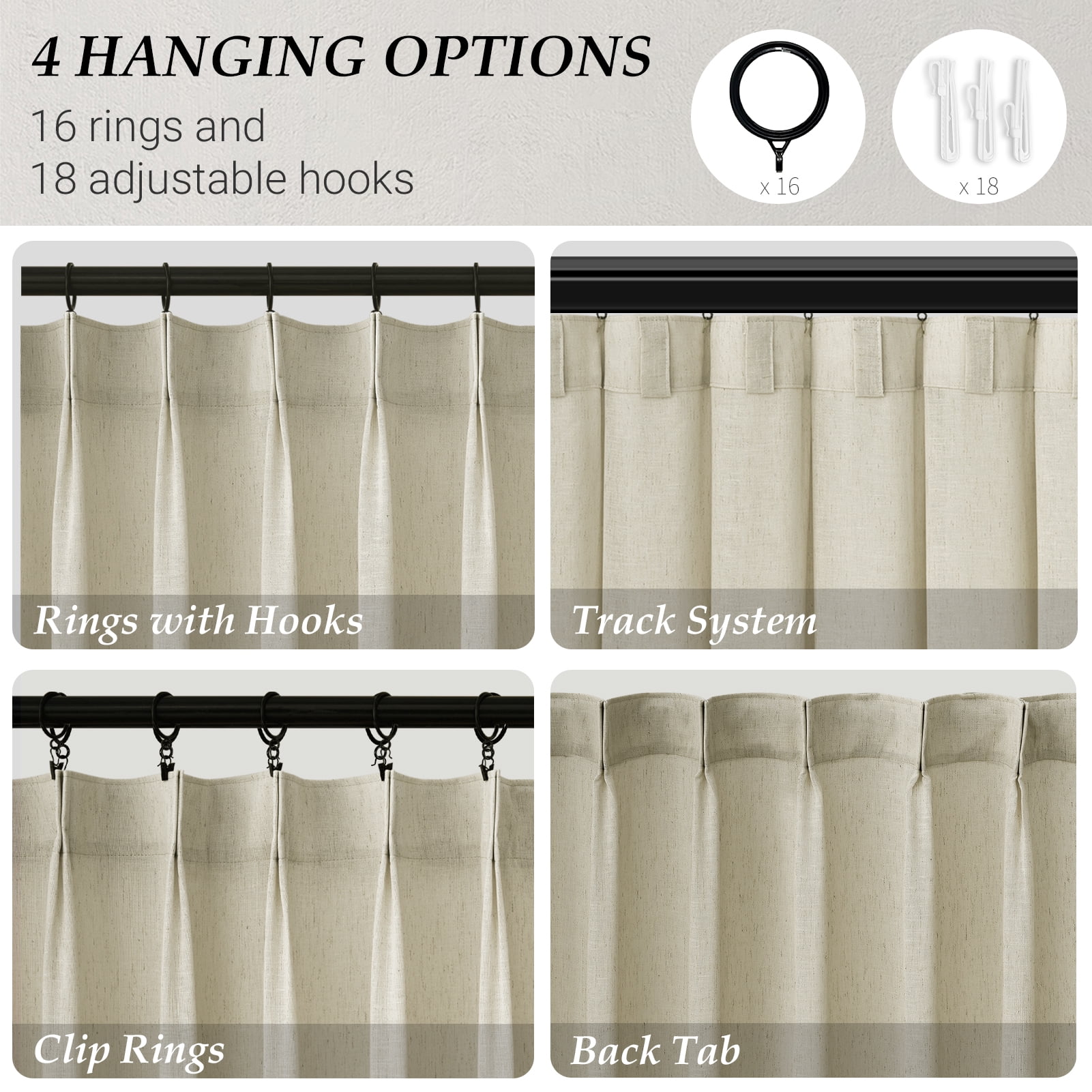 Jainmy Pinch Pleated Linen Curtains, Boho Light Filtering Living Room Bedroom Curtain,Window Treatments with Hook,Natural Linen, 40x94 inch, 2 Panels