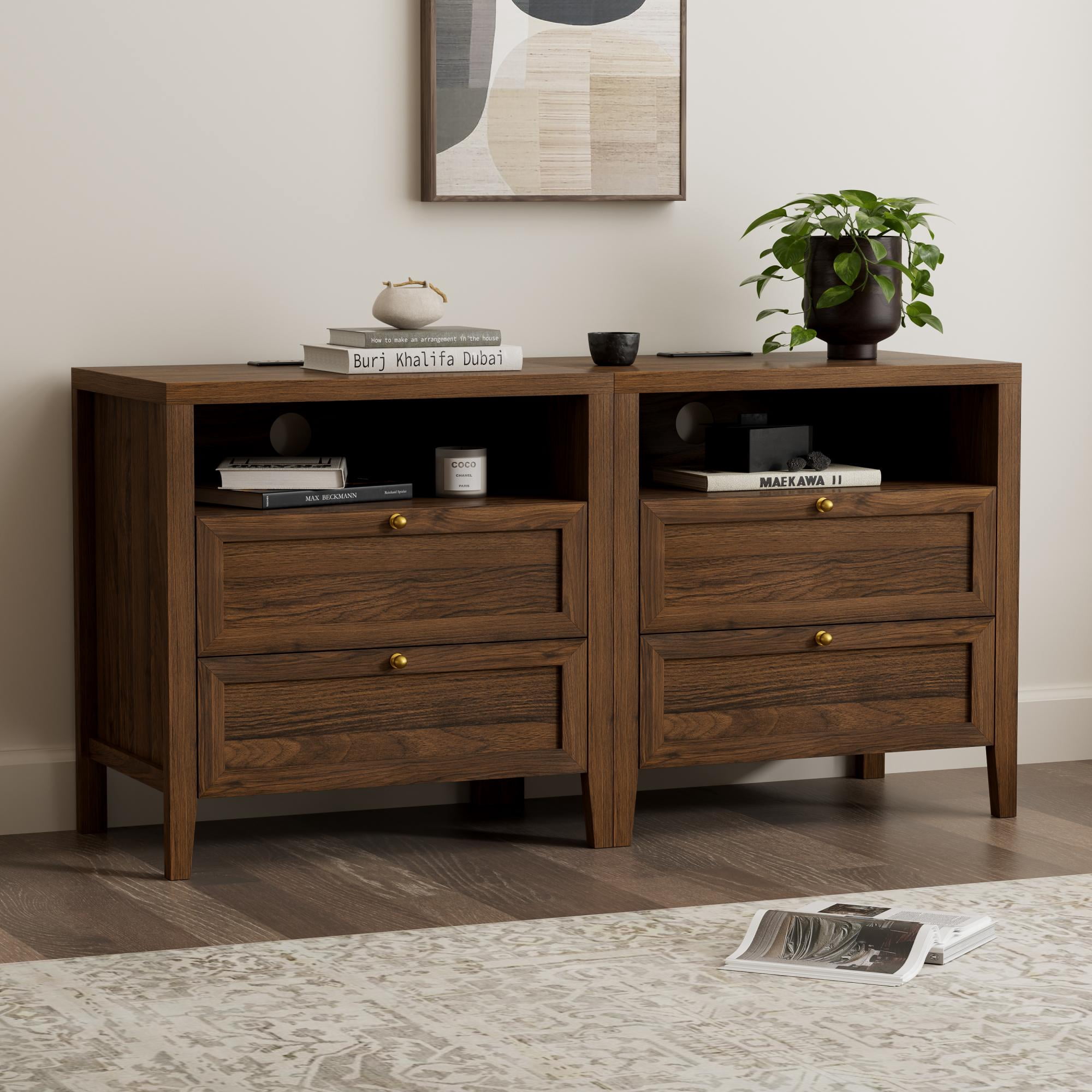 EYYTHUNG Modern Nightstands with 2 Drawers Wooden End Table with Charging Station Farmhouse Night Stand Bedside Side Table with Storage Open Shelf, Brown