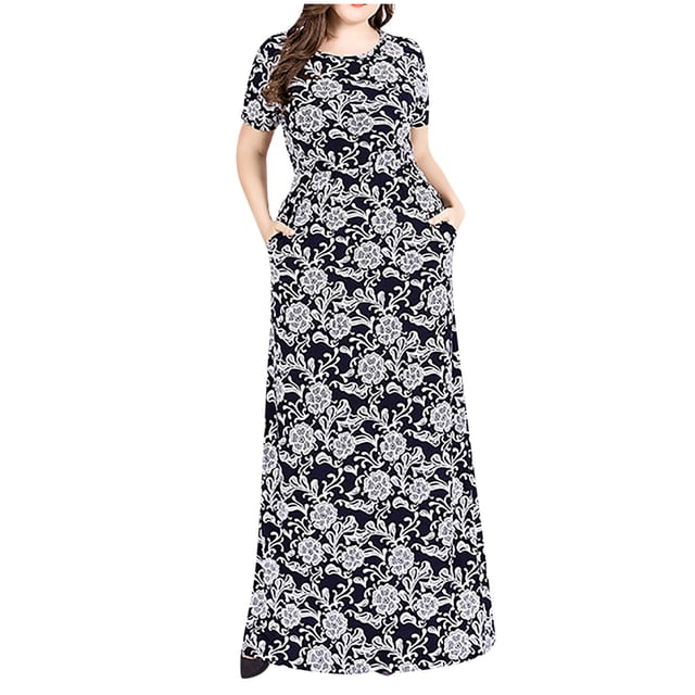 Vestido bohemio de manga corta con estampado de cuello redondo de talla grande informal para mujer Vestido largo con bolsillos Pompotops ghjkhdj15143