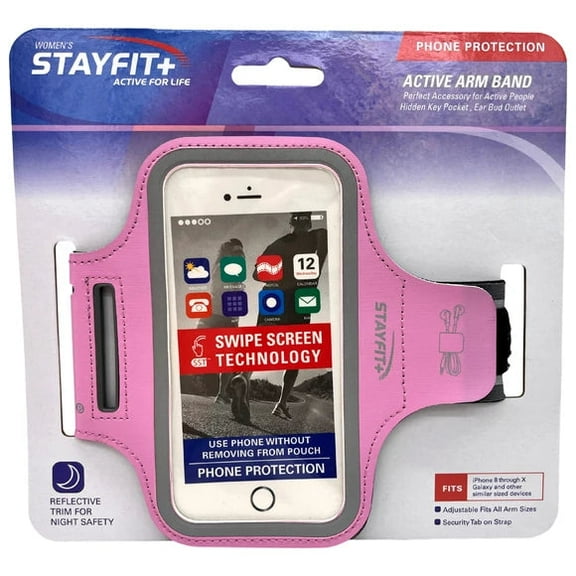 Active Armband Wallet, Hands Free Phone Security with Swipe Screen Access, Earphone Storage, Reflective Trim for Night Safety, Standard Size Phones, Perfect for Travel, Exercise, Pink