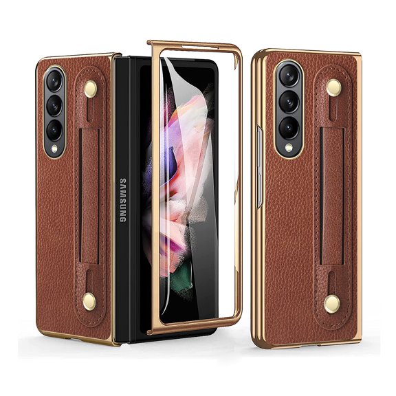 SaniMore for Samsung Galaxy Z Fold 4 7.6" Folding Case with Tempered Glass Screen, PU Leather Case for with Retractable Wristband & Anti-Slip Sticker Full Body Protective, Brown