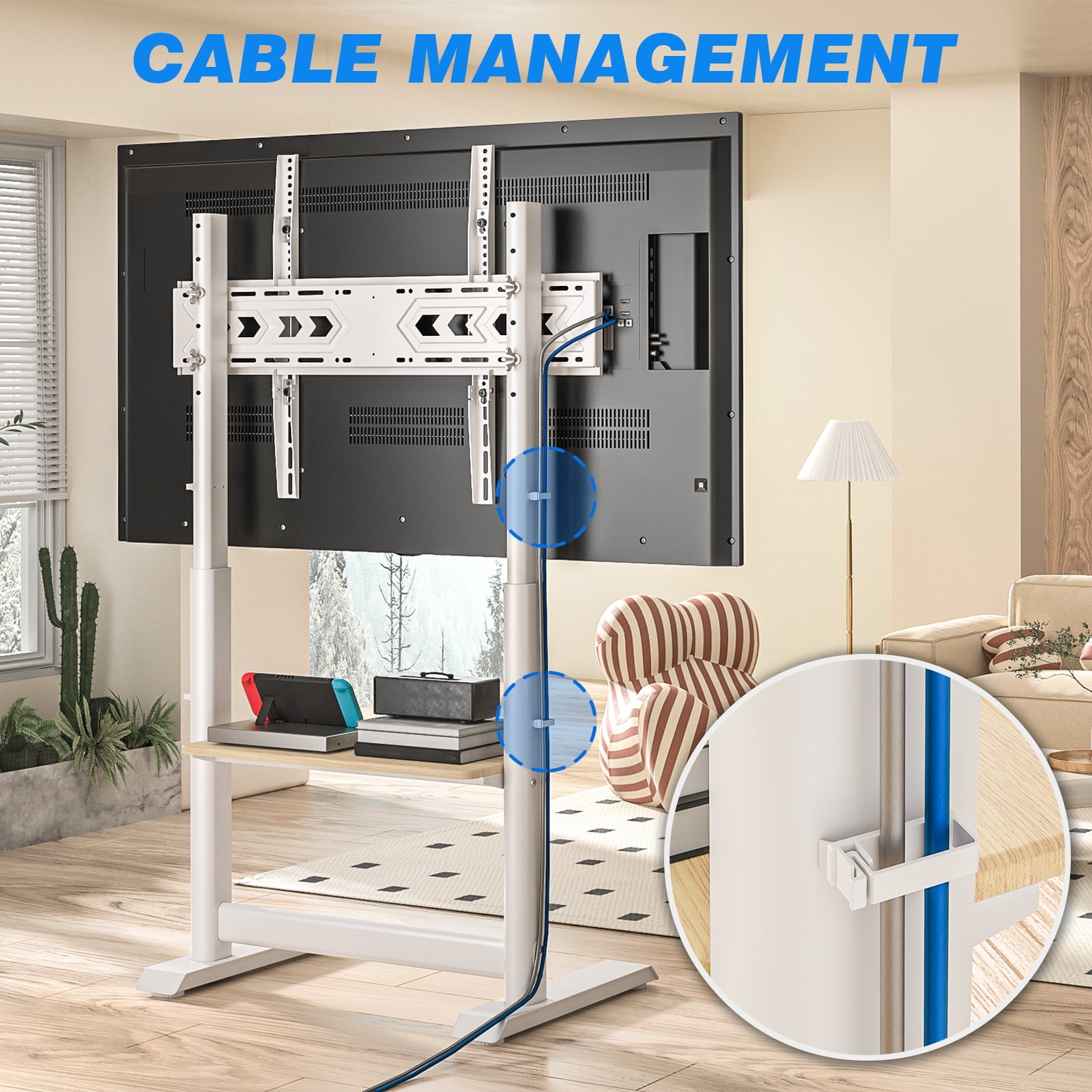 RTVR Floor TV Cart Stand with Mount for 55 - 100 inch Screens up to 150 lbs, Heavy Duty Conner TV Stand, White