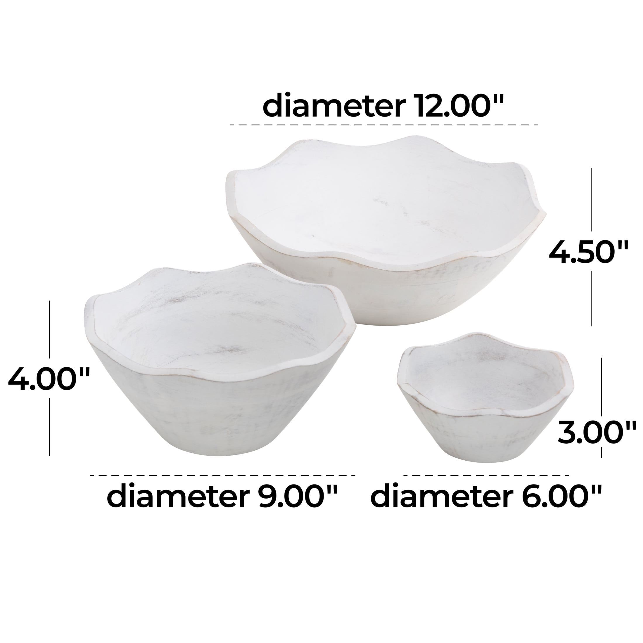 DecMode 12", 9", 6"W Handmade Round Floral White Mango Wood Decorative Bowl, Set of 3