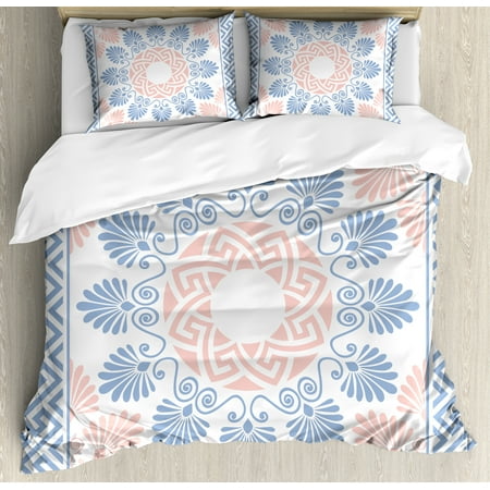 Greek Key Duvet Cover Set Pastel Pink White And Blue Round Floral