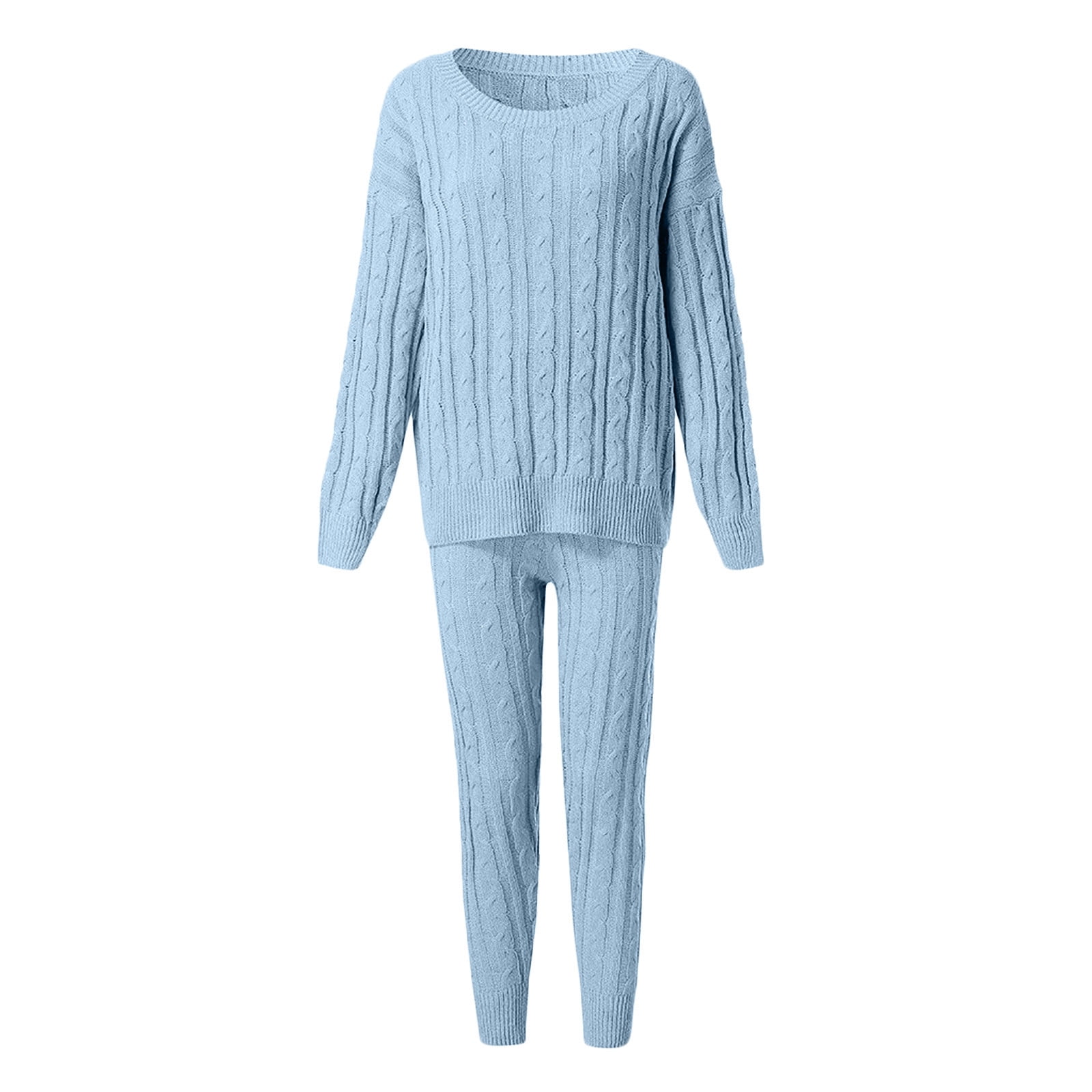 UTTOASFAY Plus Size Women Pants Clearance Womens Solid Color off Shoulder  Long Sleeve Cable Knitted Warm Two-Piece Long Pants Sweater Suit Set Flash  Picks Light Blue 8(L) 