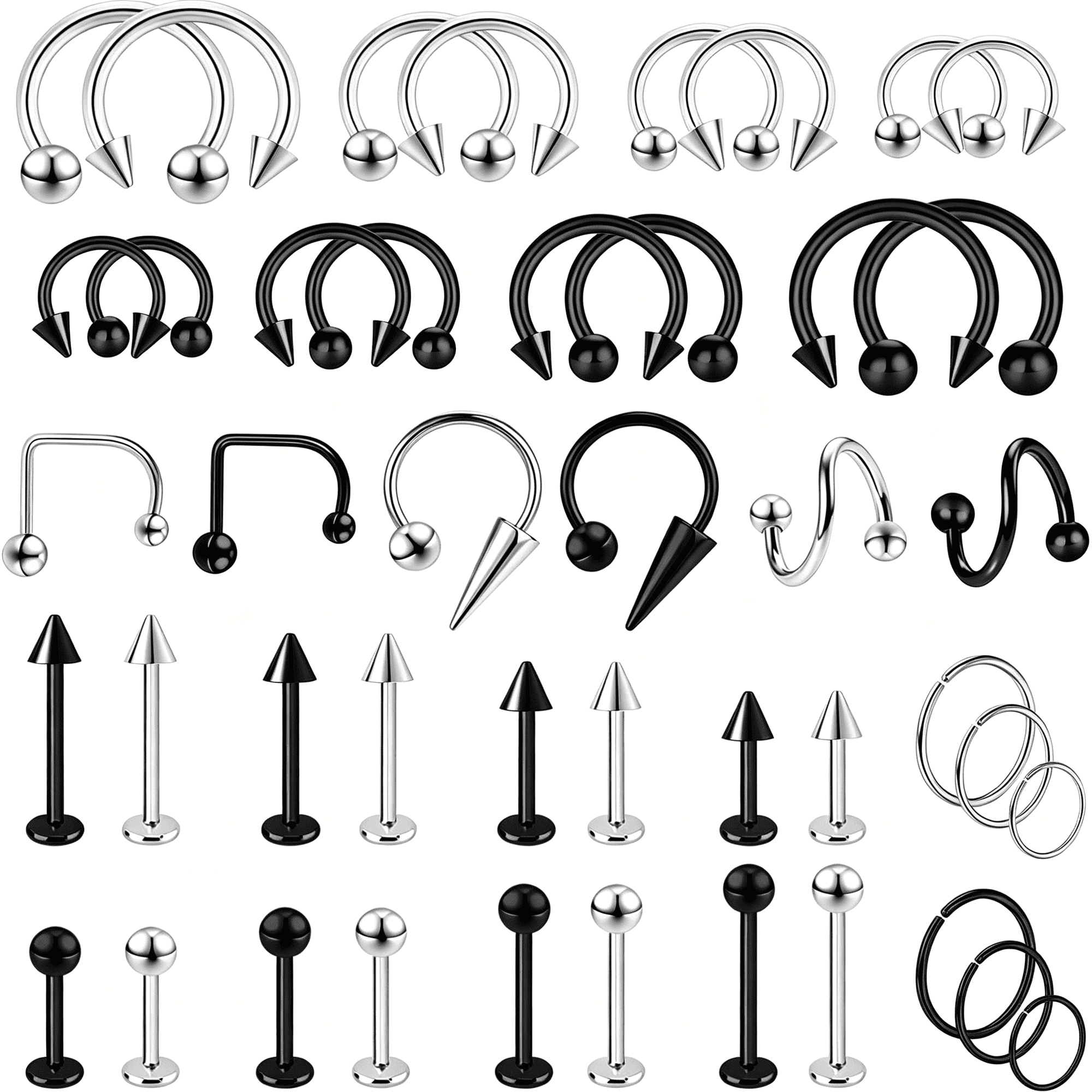 DESIGNICE 44Pcs Lip Rings 16G Surgical Steel Labret Jewelry Lip Barbell Piercing Vertical Labret Spike Snake Bite Piercing Jewelry Horseshoe Septum Nose Ring Cartilage Tragus Helix Earrings Studs