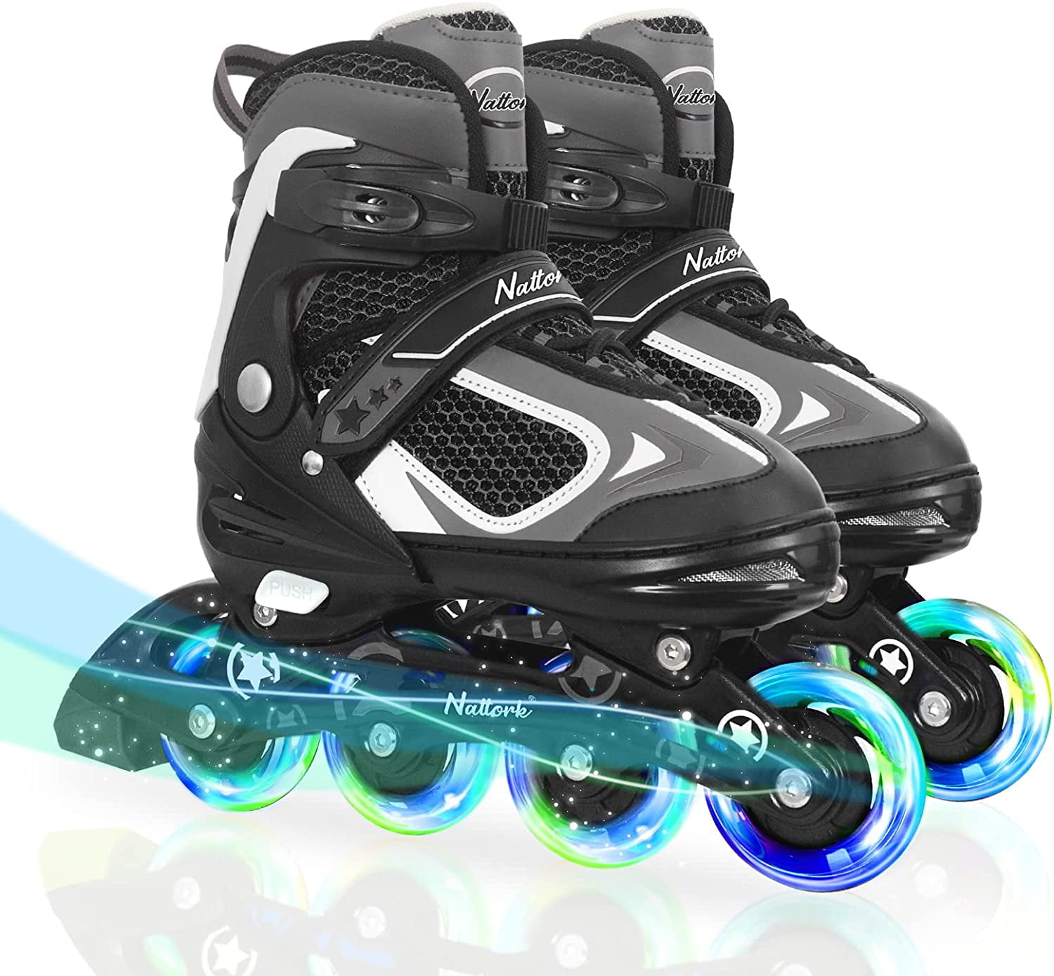 Nattork Kids Boys Inline Skates Adjustable Blades Skate Light up Wheels Black Size L