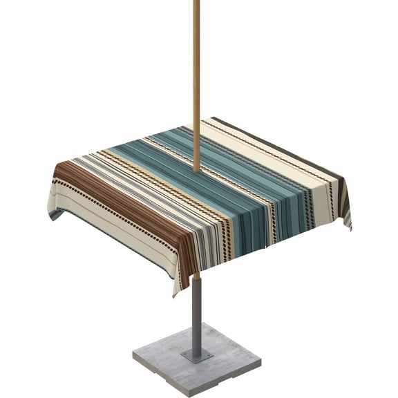 Hokiten Outdoor Tablecloths with Umbrella Hole & Zipper, Teal Boho Stripes 60x60 Inch Square Tablecloths, Modern Bohemia Brown Beige Texture Waterproof Table Cloth, Patio/Pool/Picnic Table Covers