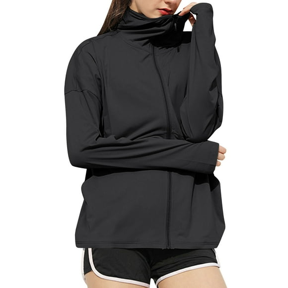 LMKIHUSA Sun Jackets for Women UPF 50+ Sun Protection 2025 Coats Long Sleeve Plain Zip Thumb Buckle Jackets Lightweight Hiking Outdoor Tops with Pockets Black,S