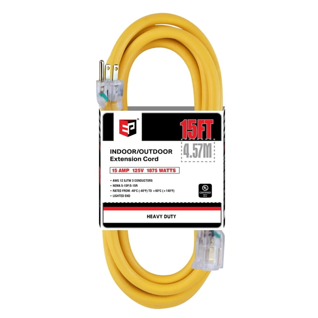 Cable de extensión EP de 15 pies iluminado para exteriores, 12/3, SJTW, 15 A, 125 V