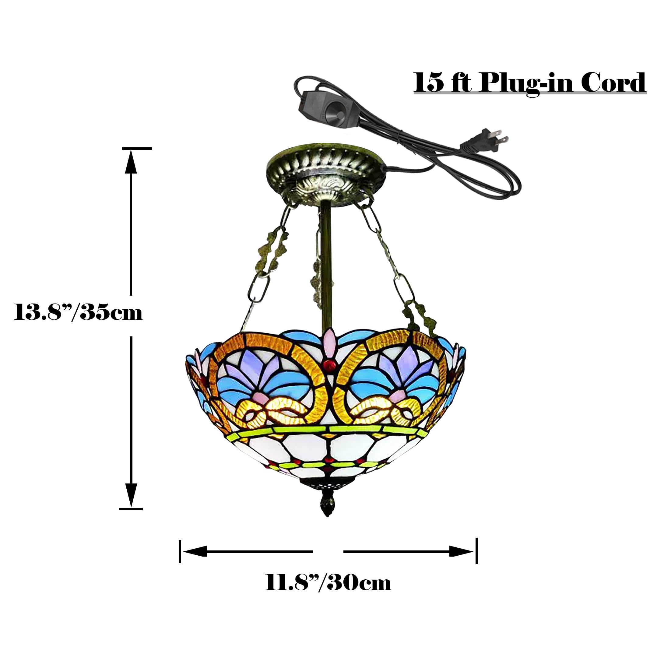 Kiven 11.8in Flush Mount Ceiling Light Fixture Dimmable, 2-Light Anti Glare Close to Ceiling Light with 15FT Plug-in Cord, Tiffany-Style Glass Chandelier for Bedroom Kitchen Hallway(No.3217)