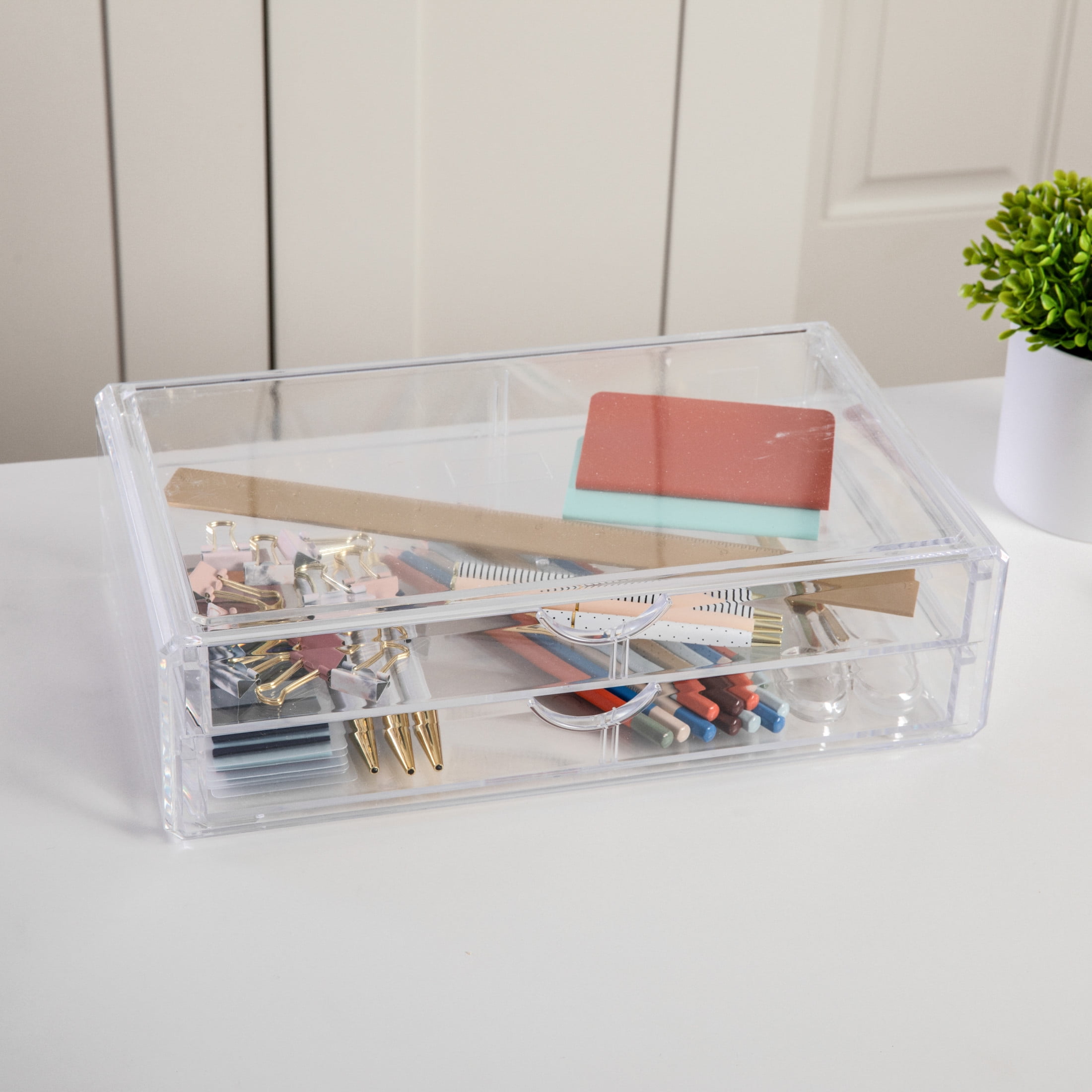 Martha Stewart Brody Plastic Stackable Office Desktop Organizer Box with 2 Drawers, 12.75" x 7.75"