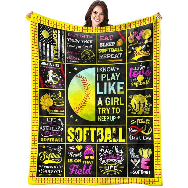 HARECTO Softball Flannel Throw Blanket, 60"x50", Yellow, Softball Pattern, Warm, Sporty, Adults, All Seasons