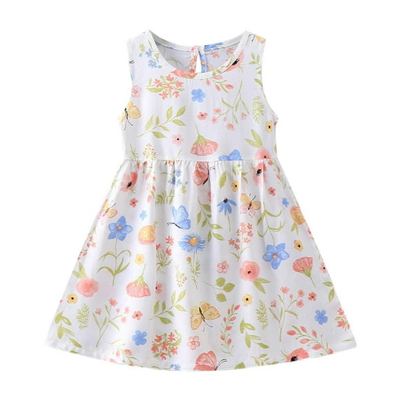 LLYWEY Dresses for Girls Easter Outfits - Toddler Girl Summer Dresses - Kids Cute Floral Print Sleeveless Casual Sundress Ruffle Pleated A-Line Sundress Age Size 2-7 Years, Style BY-118, White, 1T