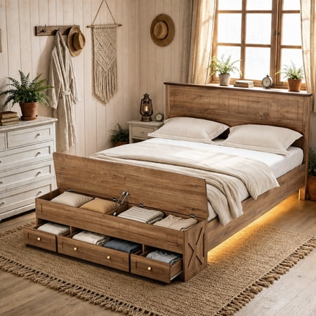 Advwin Queen Farmhouse Bed with Headboard Storage Bench & LED Light Strip Wooden Platform Bed Frame with 3 Drawers & 2 Flip-Top Compartments No Box Spring Needed Rustic Brown