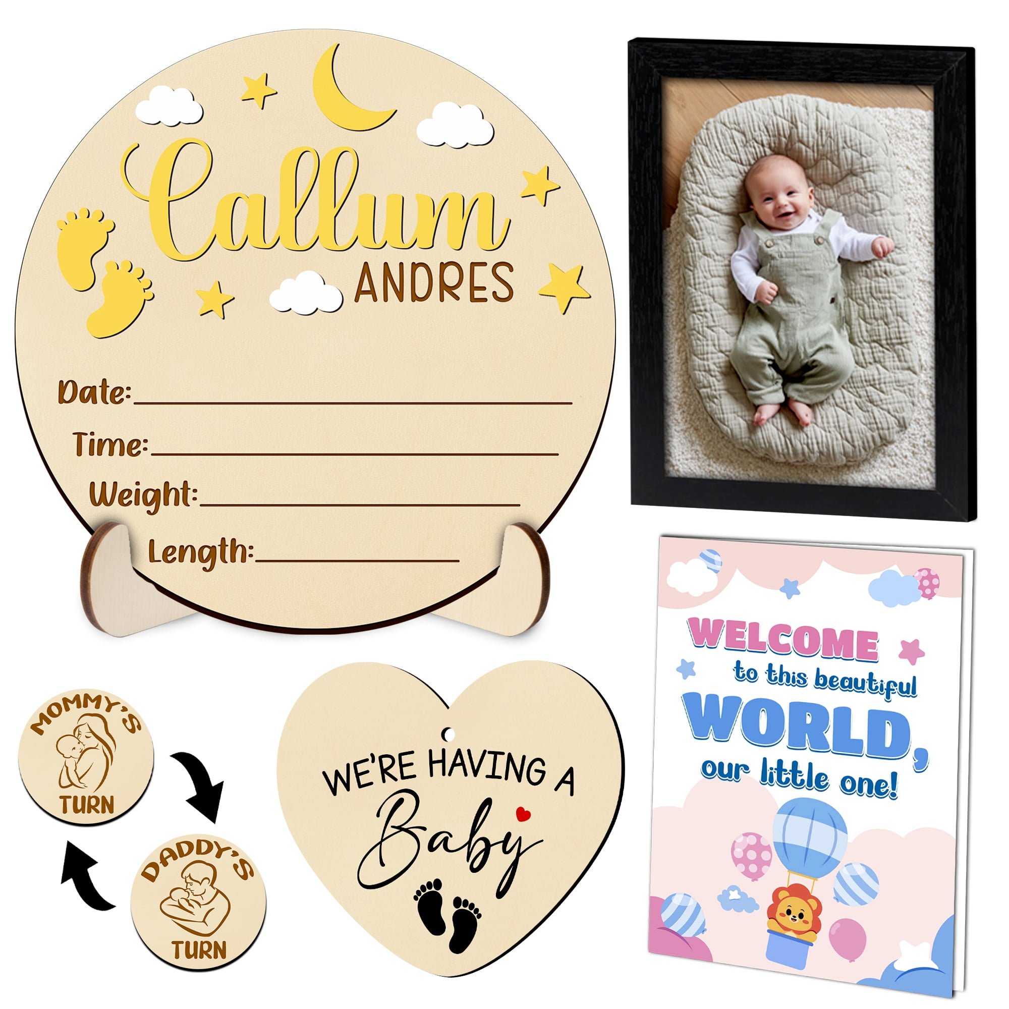 Personalized Baby Birth Name Sign Set, Wooden Nursery Decor with Stand, Custom Newborn Keepsake Gift, Baby Shower & Newborn Announcement