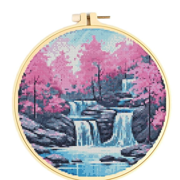 Easy Cross Stitch Kits for Starter Kits Waterfall & Blossom DIY 11CT Pre-printed Patterns Embroidery Needlepoint Cross Stitching Needlework Kit Set Supplies with Hoop 38x38cm