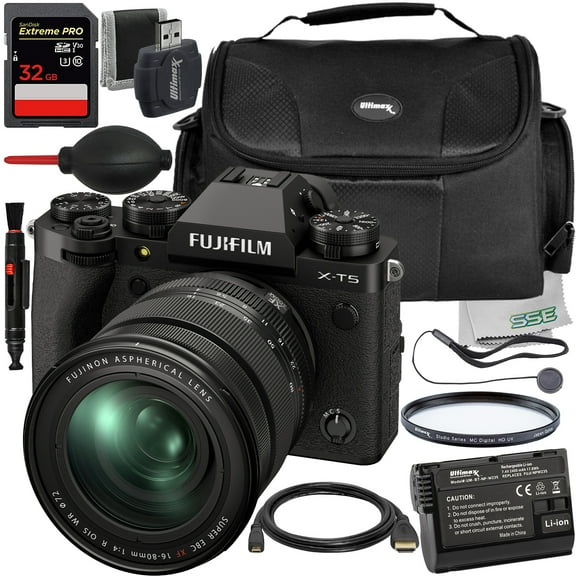 Ultimaxx Essential FUJIFILM X-T5 with 16-80mm Lens (Black) Bundle - Includes: 32GB Extreme Pro Memory Card, Water-Resistant Gadget Bag, UV Filter & More (24pc Bundle)