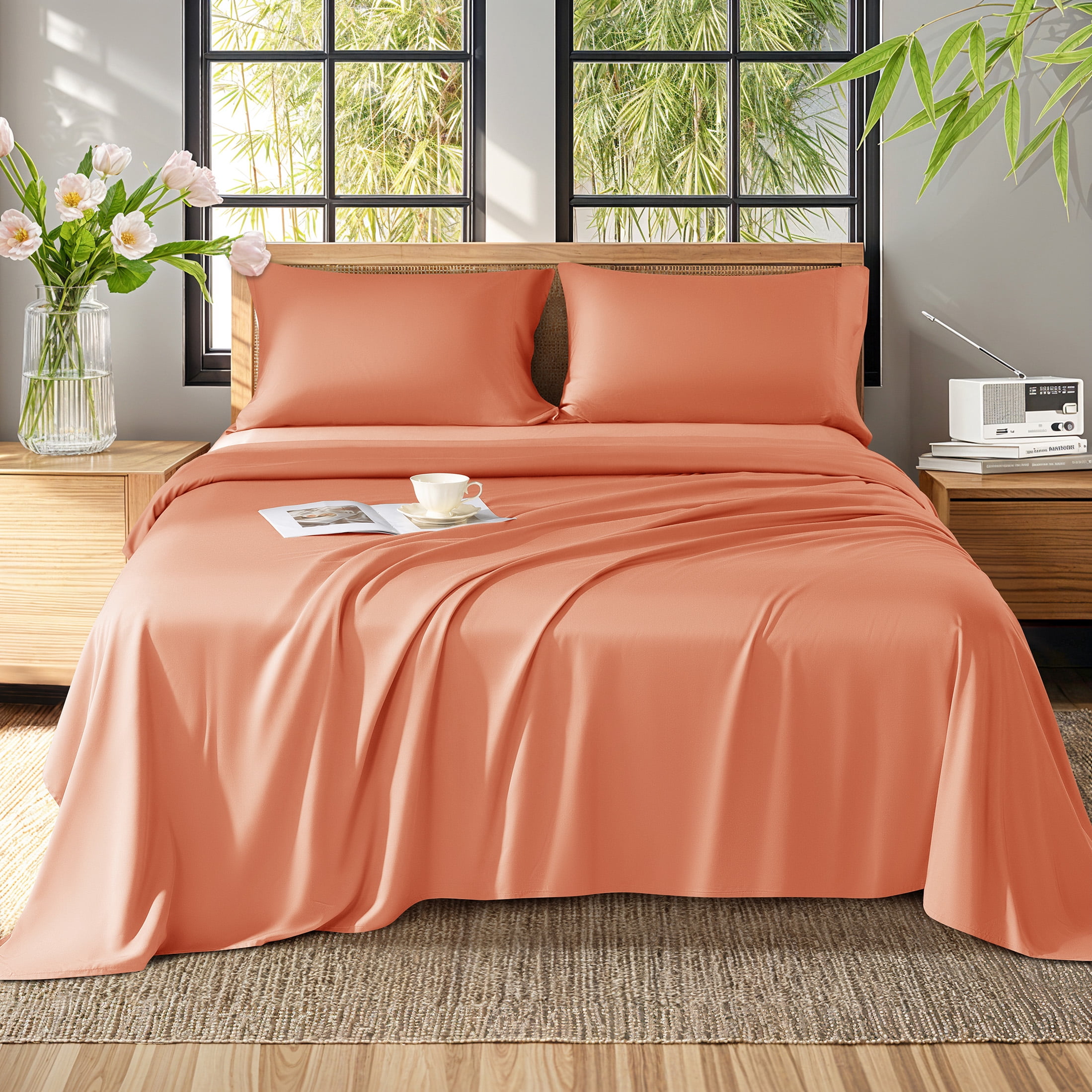 Baauye Cozy Bamboo Sheets Set, 4-Piece California King Sheet Set with 16" Deep Pockets, Soft and Breathable Bed Sheets, Coral