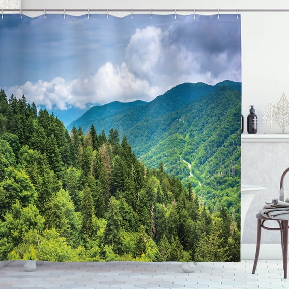 Appalachian Shower Curtain, Nature Landscape of Dramatic Sky and Mountain Forest, Fabric Bathroom Set with Hooks, 69W X 75L Inches Long, Lime Green Dark Turquoise Ceil Blue, by Ambesonne