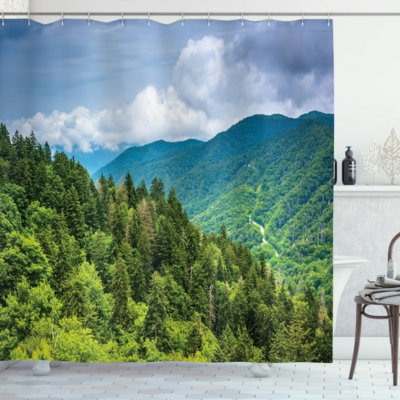 Appalachian Shower Curtain, Nature Landscape of Dramatic Sky and Mountain Forest, Fabric Bathroom Set with Hooks, 69W X 70L Inches, Lime Green Dark Turquoise Ceil Blue, by Ambesonne
