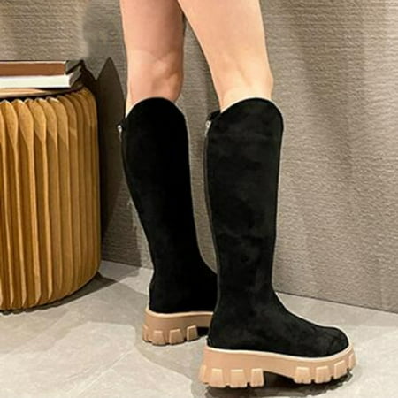 

Boots Women Mid Calf Boots Autumn And Winter Fashion And Comfortable Solid Color Platform Square Heel Round Toe Zipper