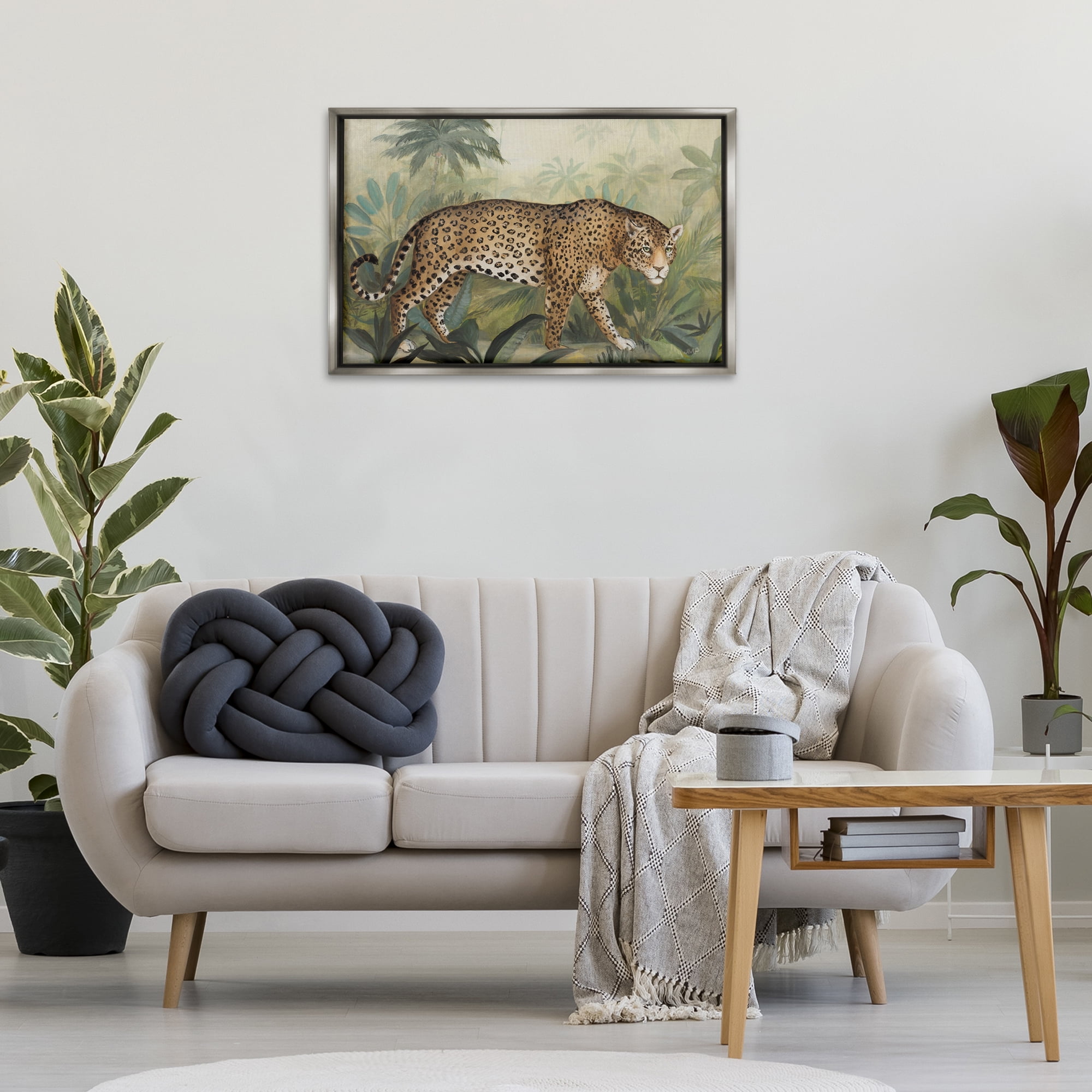 Stupell Industries Prowling Leopard in Forest Landscape Painting Gray Floater Framed Canvas Art Print Wall Art, 31 x 21
