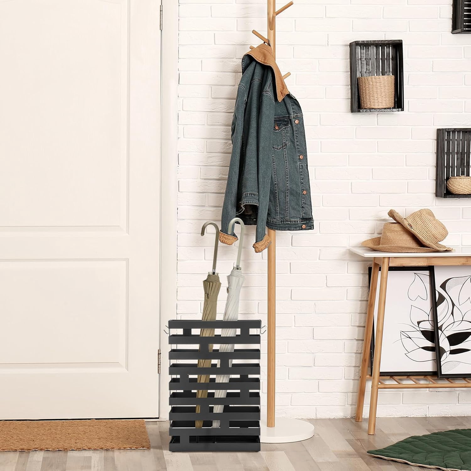 Umbrella Stands for Entryway Large Metal Umbrella Holder 3.94 x 11.81 x 16.93 Inches with Removable Water Tray and Hooks Decor Freestanding Rectangular Hollow Rack for Home Office (Black)