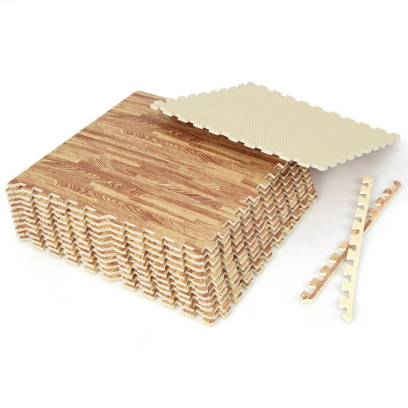 Costway 12 Tiles Wood Grain EVA Foam Floor Mats Interlocking w/Borders 24" Natural