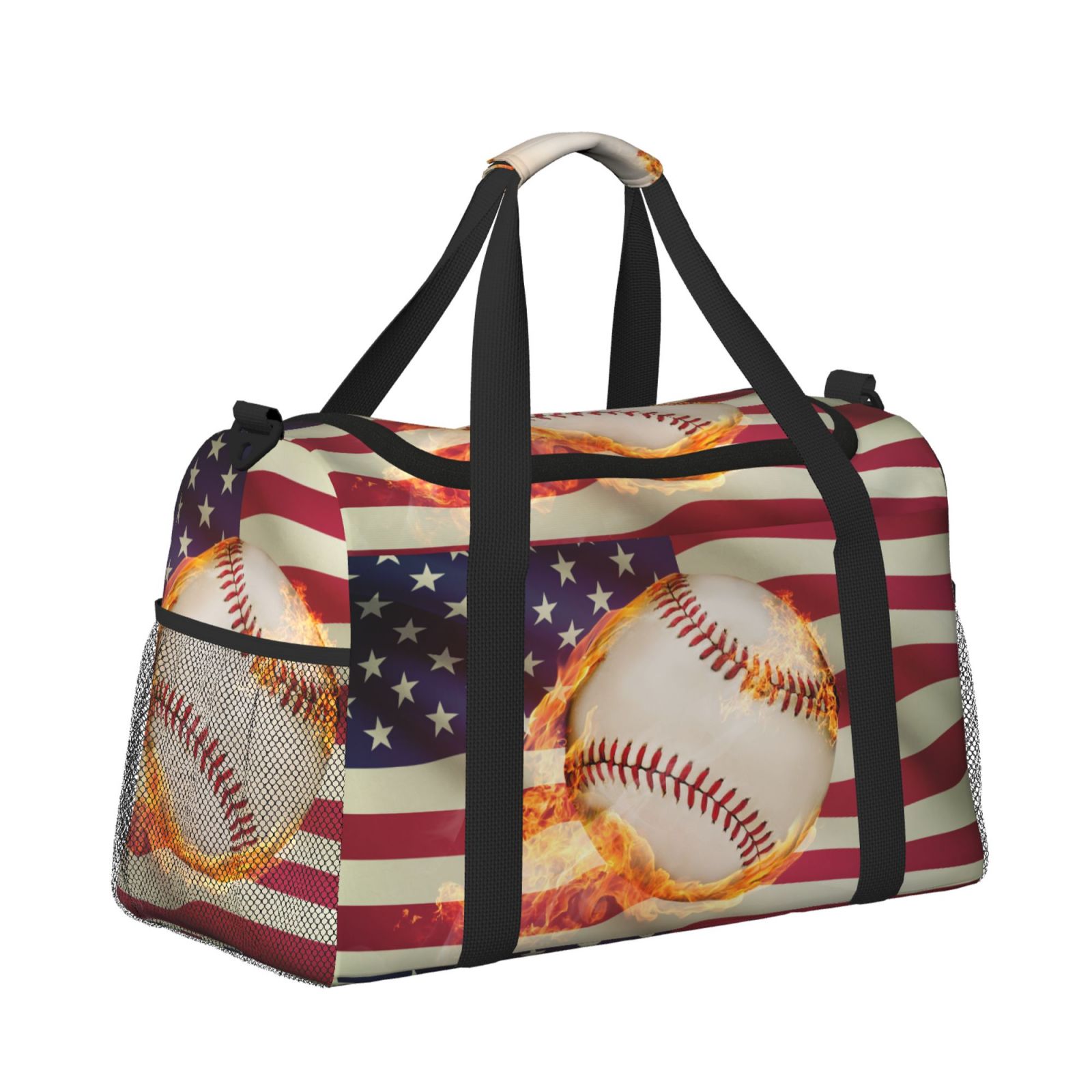 Kuqiui Baseball Ball With Flag Print Foldable Travel Duffel Bag Tote Carry on Luggage Bag Personal item Sports Gym Bag Water Resistant Weekender Overnight Bags for Women and Men