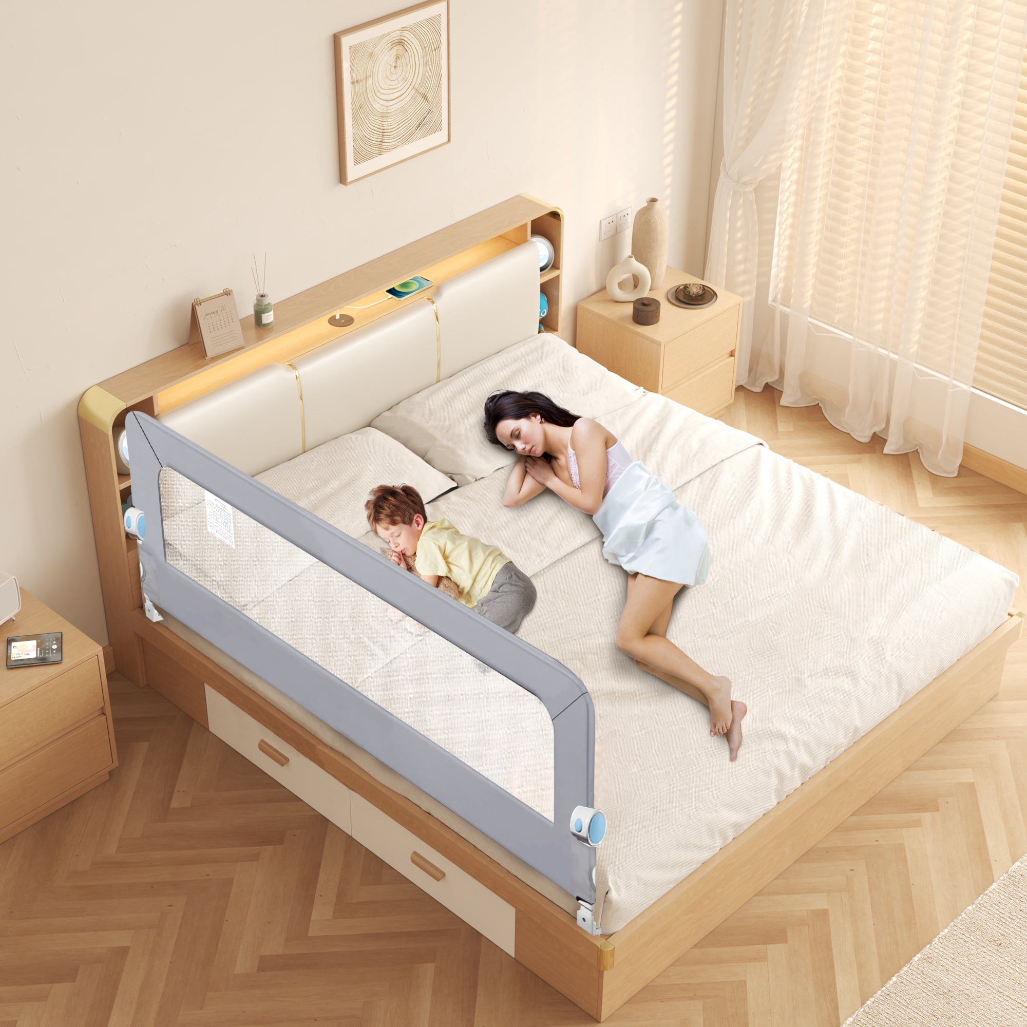 RUPOUN Toddler Bed Rail for Kids, Swing Down Safety Guardrail, Universal Fit for Full, Queen and Adult Mattresses, Easy Installation
