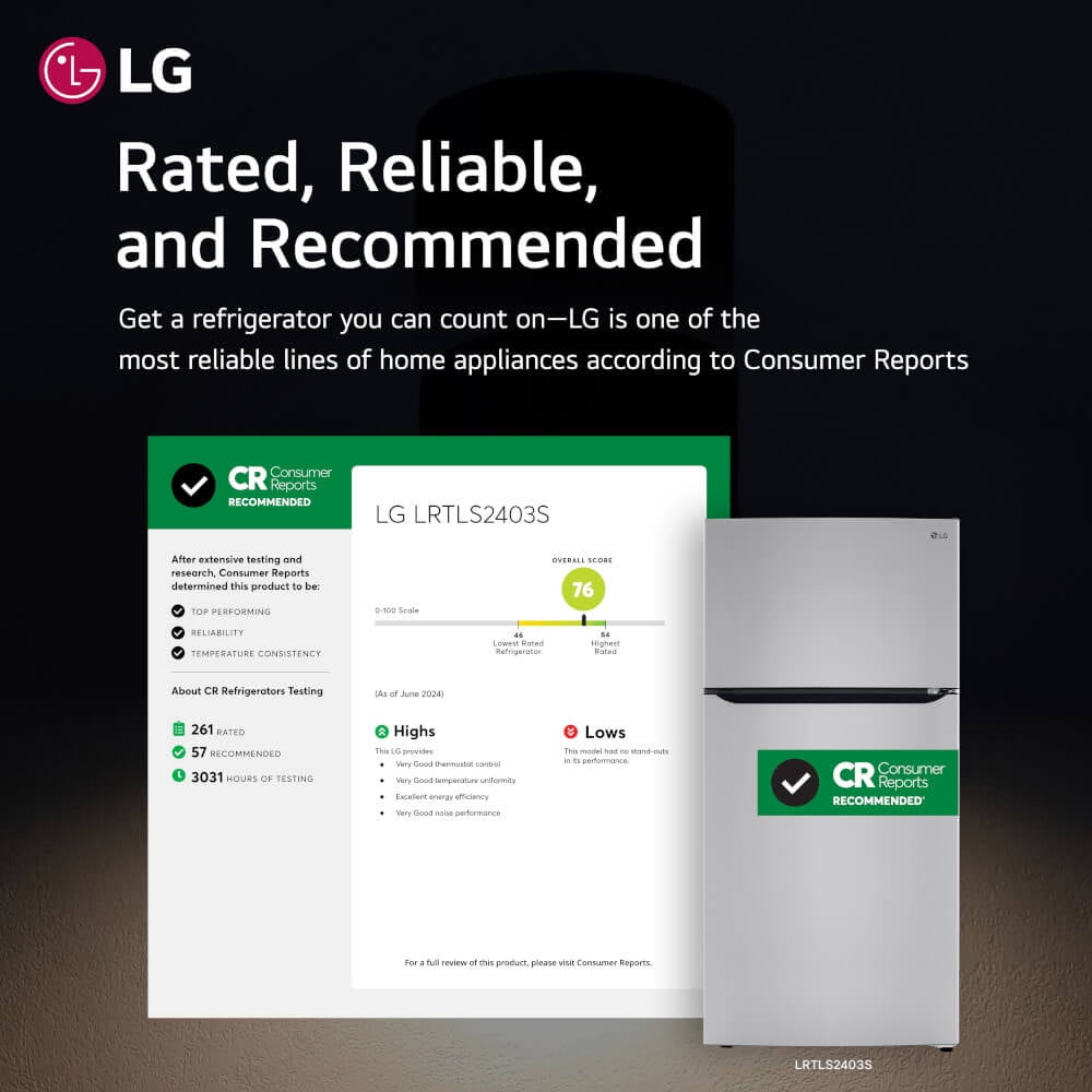 LG LRTLS2403S 23.8 Cu. Ft. Stainless Steel Top Mount Refrigerator With Internal Water Dispenser
