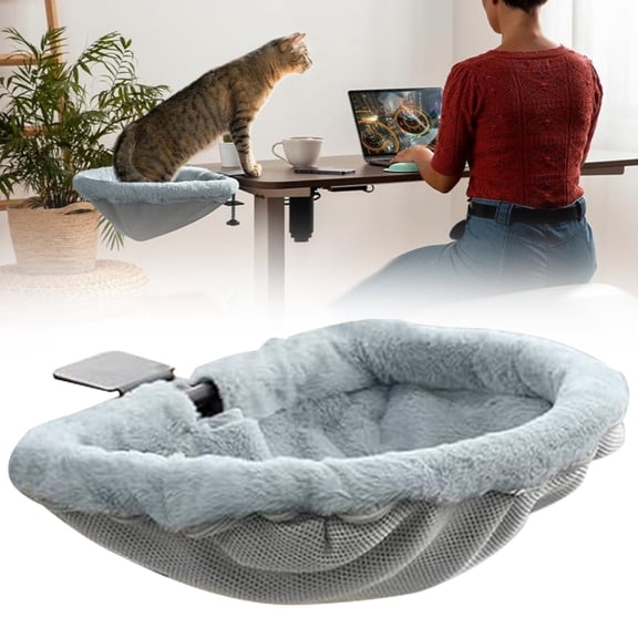 Cat Desk Bed Foldable One Click Cat Hammock Under Desk Space Saving Semi Circular Cat Bed Soft Faux Rabbit Fur Washable Desk Mounted Cat Perch for Office Home