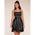thumbnail image 5 of Black Satin Mini Dress With Spaghetti Straps And Tiered Flared Hem, 5 of 6
