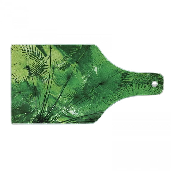 Rainforest Cutting Board, Plants in Tropical Environment Exotic Jungle Atmosphere Natural Beauty Pattern, Decorative Tempered Glass Cutting and Serving Board, Wine Bottle Shape, Green, by Ambesonne