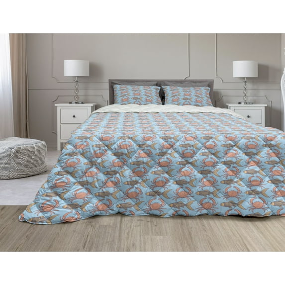 Marine Comforter & Sham Bedding Set, Crab and Fish Pattern in Sketch Style Nautical Art, 3 pcs Duvet Set Microfiber Filling Quilt, 5 Sizes, Blue Orange, by Ambesonne