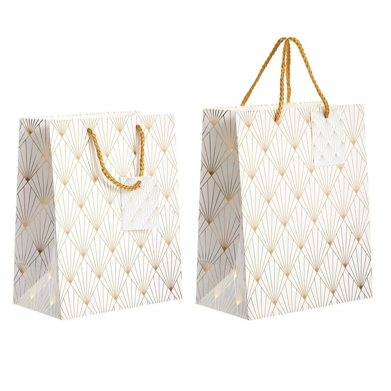 16-Pack Medium White and Gold Gift Bags with Handles & Tags for Weddings Baby Bridal Showers Birthday Party Favors, 4 Geometric Foil Designs (8 x 10